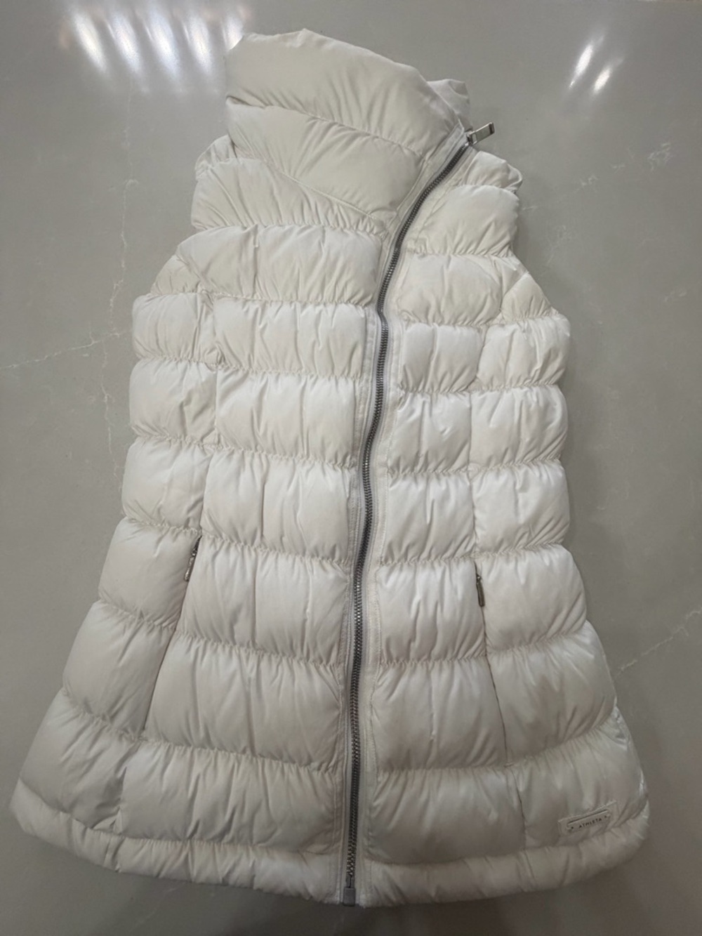 Athleta White Quilted Goose Down Puffer Vest with High Collar, Full Zip, XXS